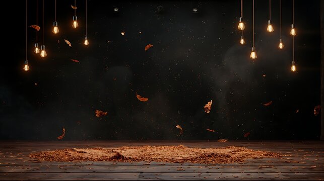 Dark studio background with falling spices and smoke high resolution picture