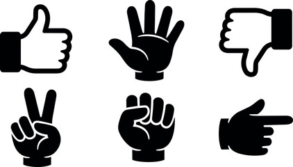 Fototapeta premium Black and white vector art hand gesture icons with thumbs up peace and pointing