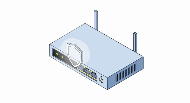 Isometric Wi-Fi Router with Security Shield Icon - Cybersecurity and Network Protection Concept