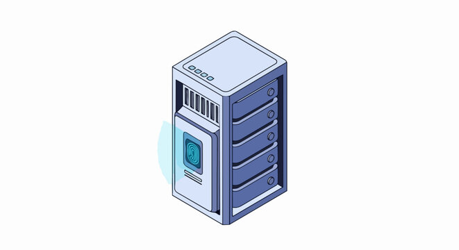 Secure Server Rack with Biometric Fingerprint Scanner Isometric Illustration - Cybersecurity, Data Protection, and Cloud Computing Concept