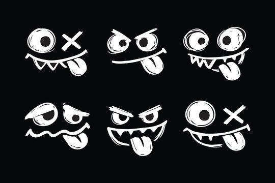 Hand drawn graffiti style monster faces with tongue out, expressive cartoon emoji set white on black background.