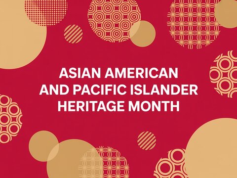 Asian american and pacific islander heritage month background with traditional patterns and gold circles on red