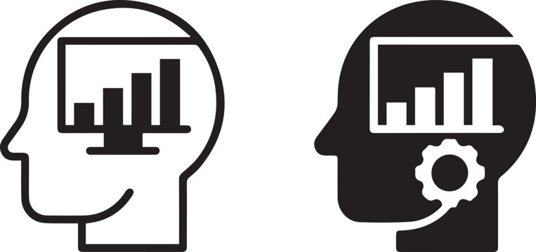 Minimalist profile head icons with bar chart and gear symbols representing data analysis cognitive processing and strategic business logic