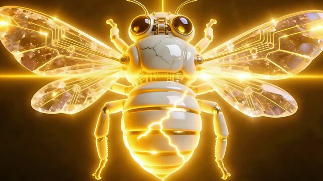 AI Micro-Technology Concept 3D Mechanical Bee with Sharp Internal Golden Circuits, White Porcelain and Crystal Style, Professional VFX Isolated Asset, 4K Stable Render on Black
