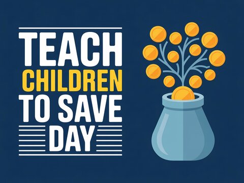 Teach children to save day conceptual illustration with a money tree growing out of a piggy bank on a dark blue background