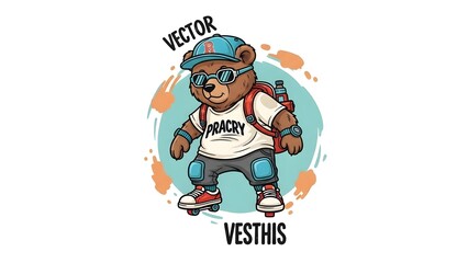 Naklejka premium Cool retro cartoon bear character on roller skates wearing a baseball cap and sunglasses, ready for a fun urban adventure, perfect for a quirky lifestyle design