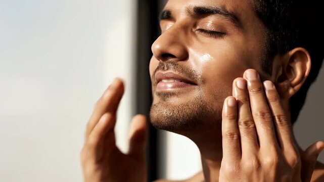 Man Applying Serum With Dropper To His Face With Gentle Touch Natural Light Illuminates Skin Texture And Sparkle