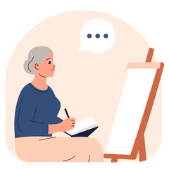 Obraz premium Senior woman sketching in notebook while seated by easel. Elderly set