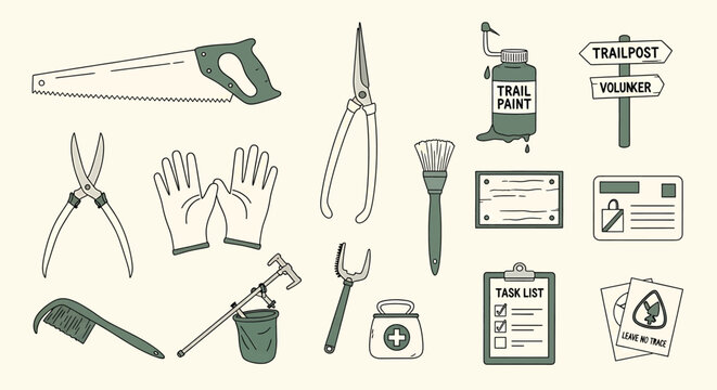 Vintage hand tools and signs collection isolated on transparent background detailed sketch illustration