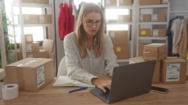 Woman writing in a notebook and typing on a laptop with hand visible among stacked boxes in a small business building; focused entrepreneurship.