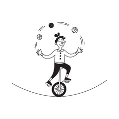A cheerful juggler balances on a unicycle with three balls © NASRIN