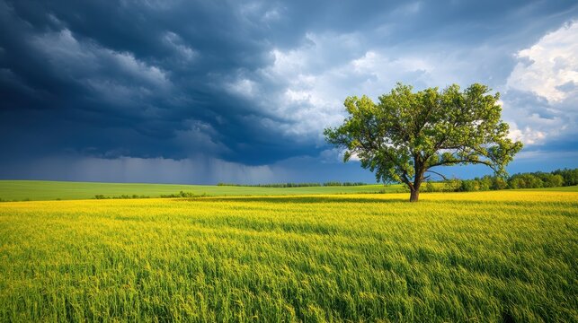A dramatic thunderstorm approaches a vibrant green and yellow landscape with a single tree.
