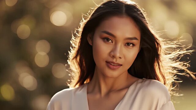 Serene Portrait of a Young Transgender Woman with Windblown Hair in Golden Hour Sunlight Outdoors with Soft Bokeh Background