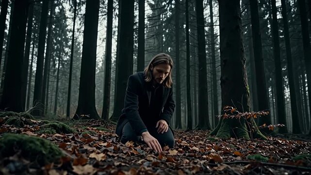 A man with long hair slowly kneels down in a dense dark forest and touches the fallen leaves on the ground with his fingertips