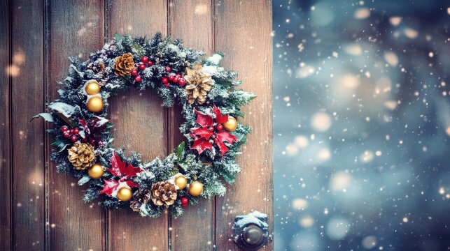 A Traditional Christmas Wreath Adorned With Gold Accents and Holly Hung on a Rustic Snow Dusted Wooden Door Welcoming the Holiday Season