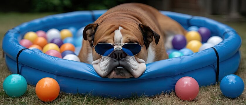 Bulldog relaxing in pool of colorful balls during warm afternoon in backyard