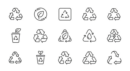 Fototapeta premium Recycling Icons Set. Environmental Protection and Waste Sorting Line Art Symbols