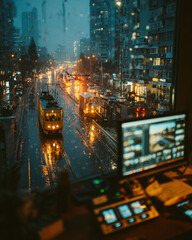 Obraz premium Urban Nighttime Tram Scene with Reflections and Rainy Ambiance Viewed from Office with Screens and Cityscape Background