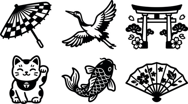 Black and white japanese cultural icons including torii crane koi cat umbrella and fan vector art