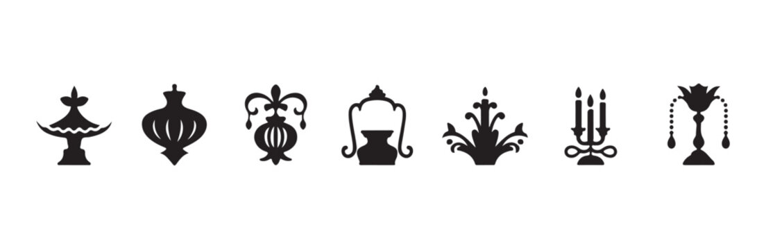 Black silhouette collection of vintage antique candle holders and ornate decorative objects
