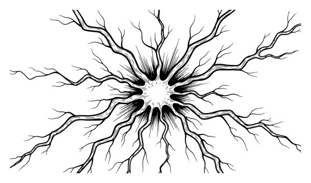 Hand drawn vector illustration of a radial crack or impact hole with splintered texture