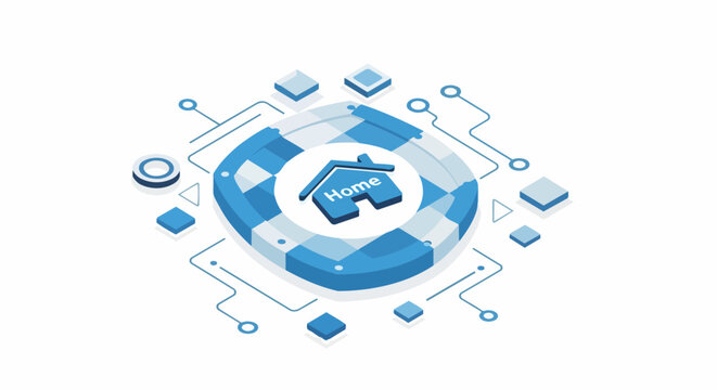 Isometric Home Insurance and Real Estate Protection Concept with House Icon and Lifebuoy