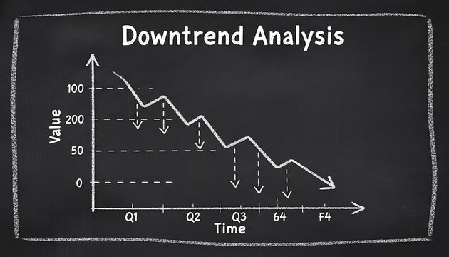 A downward trend analysis graph shows declining values over time on a chalkboard