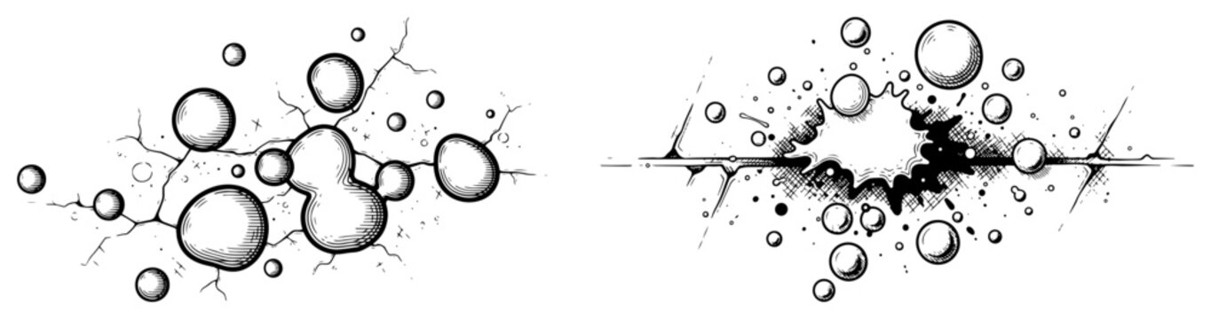 Hand drawn ink illustration of abstract bubbles emerging from a cracked surface and an explosive burst