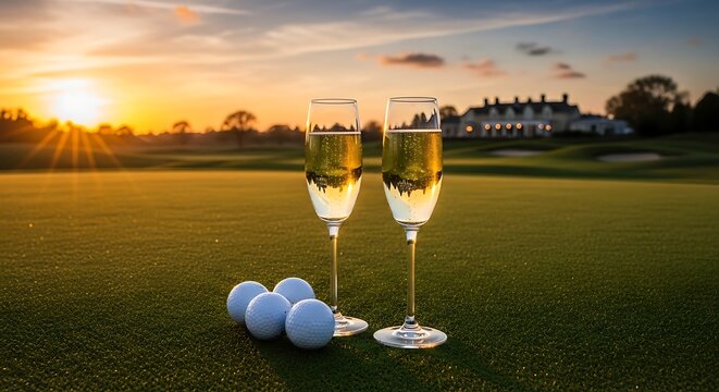 Golden hour celebration with champagne and golf on a beautiful course.