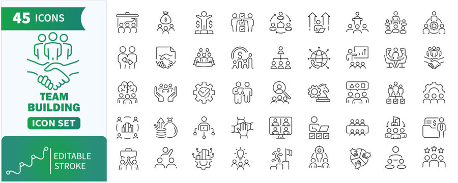 Team building icon set . Collection of performance, building, leadership, productivity, teamwork, management and more. Editable stroke. Vector illustration