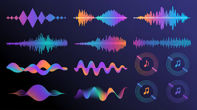A collection of colorful sound wave patterns and shapes