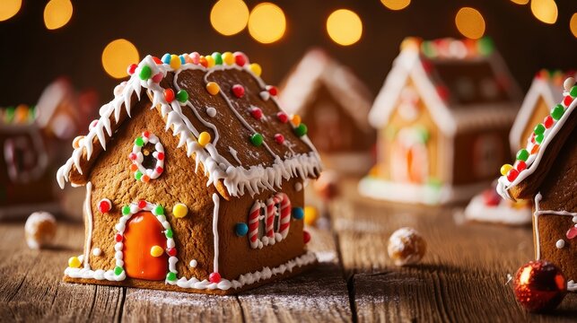 Delightful gingerbread houses adorned with colorful gumdrops and intricate icing placed on a rustic wooden table, illuminated by soft, warm festive lights.