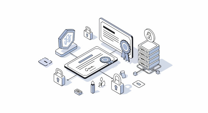 Isometric Cybersecurity and Digital Certificate Verification Concept with Data Servers and Padlocks