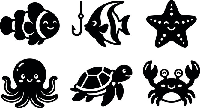 Black and white cute sea creatures vector art with clownfish octopus turtle and starfish