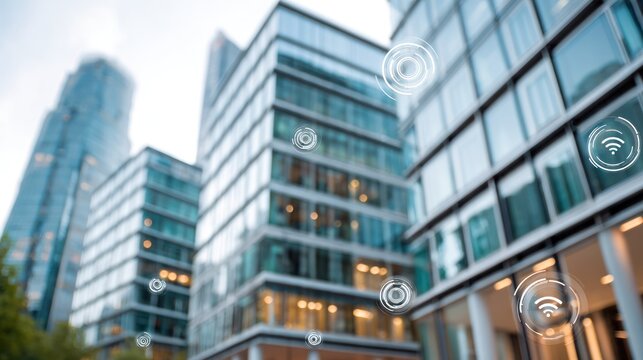 Modern Glass Office Buildings with Digital Connectivity Abstract Urban Architecture