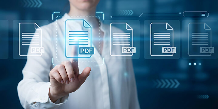 A businessman interacting with a digital PDF document interface in a futuristic office setting with technology and data visualization elements