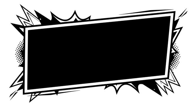 A comic-style black text box with white outline and spiky effects appears on a white background.