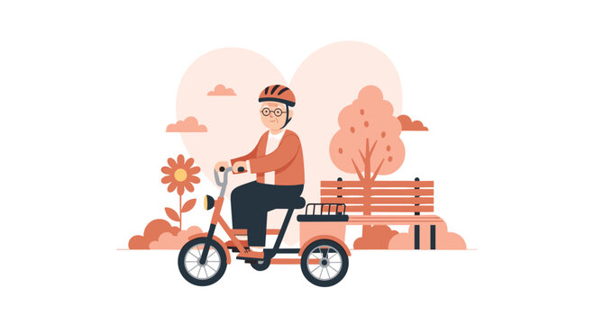 A cheerful senior man wearing a protective helmet and glasses enjoys a peaceful ride on his orange tricycle through a stylized park with a heart backdrop.