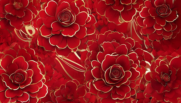 sfondo di Arte Digitale Vibrante con Fiori Rossi dai Contorni Dorati, Vibrant Digital Art Background with Red Flowers with Golden Outlines