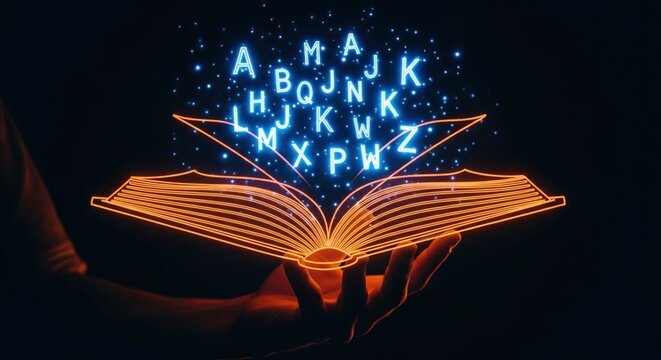 Hands holding open book with glowing letters floating above