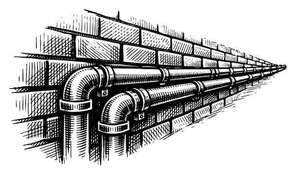Industrial steel pipes running along a brick wall in vintage woodcut engraving style