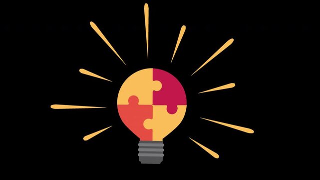 Hand placing final puzzle piece into light bulb, innovation and problem solving concept, 2D animation on transparent background