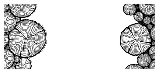 Detailed woodcut engraving of tree trunk cross sections and wooden log rings © AnjaliDesai