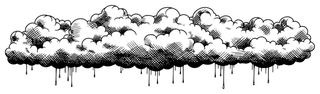 Stylized fluffy clouds with decorative dripping elements in vintage woodcut engraving style