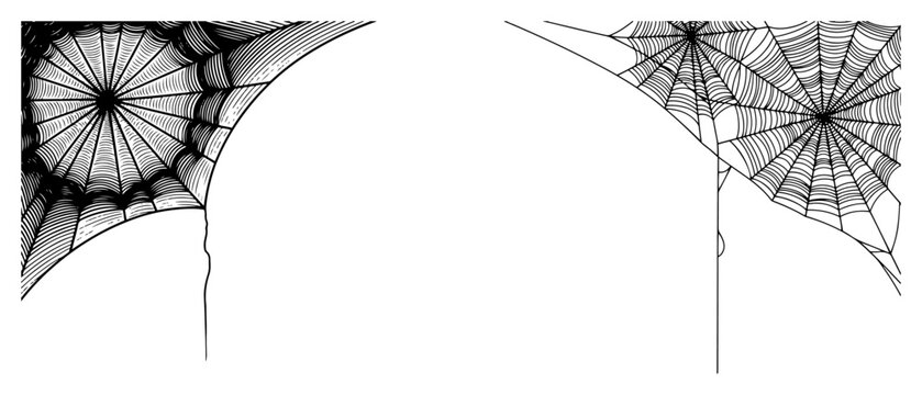 Vintage woodcut style illustration of spider webs in corners for decorative borders