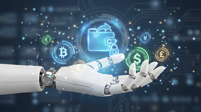 A robotic hand holds digital currency symbols and a wallet with a padlock in a futuristic circuit board background with glowing dots