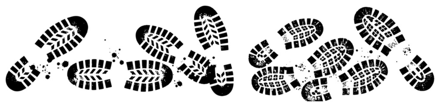 Grunge woodcut style illustration of dirty boot footprints and shoe tracks