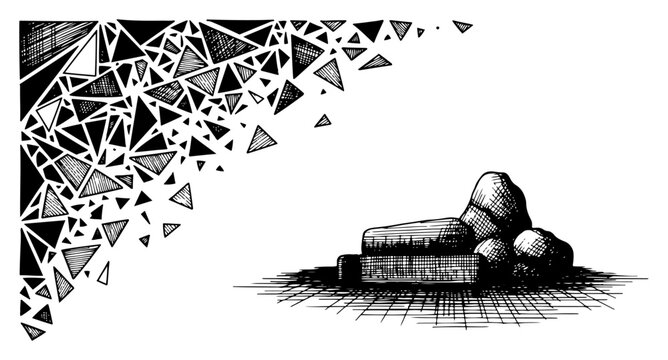 Abstract composition of sharp geometric triangles and smooth river stones in engraving style