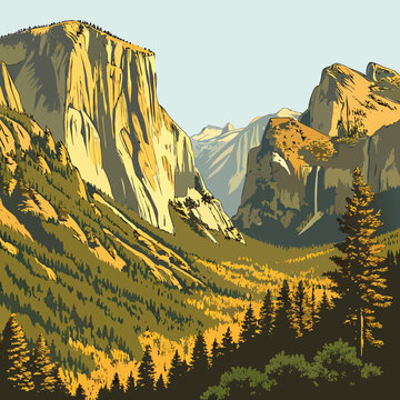 A stylized illustration depicts el capitan and surrounding yosemite valley landscape showcasing a serene mountain vista high quality professional detailed