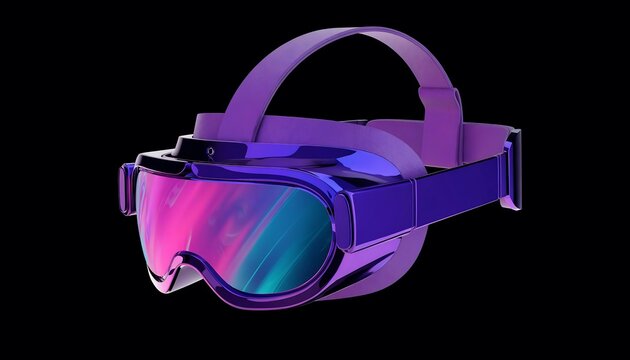 Purple virtual reality headset with gradient reflective visor on a black background.